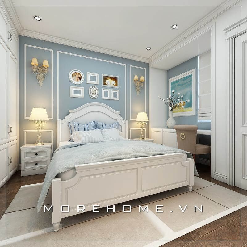 Mẫu giường ngủ màu trắng tinh tế, nhẹ nhàng mang đến cho căn phòng chung cư nhỏ thêm phần thanh lịch, sang trọng hơn